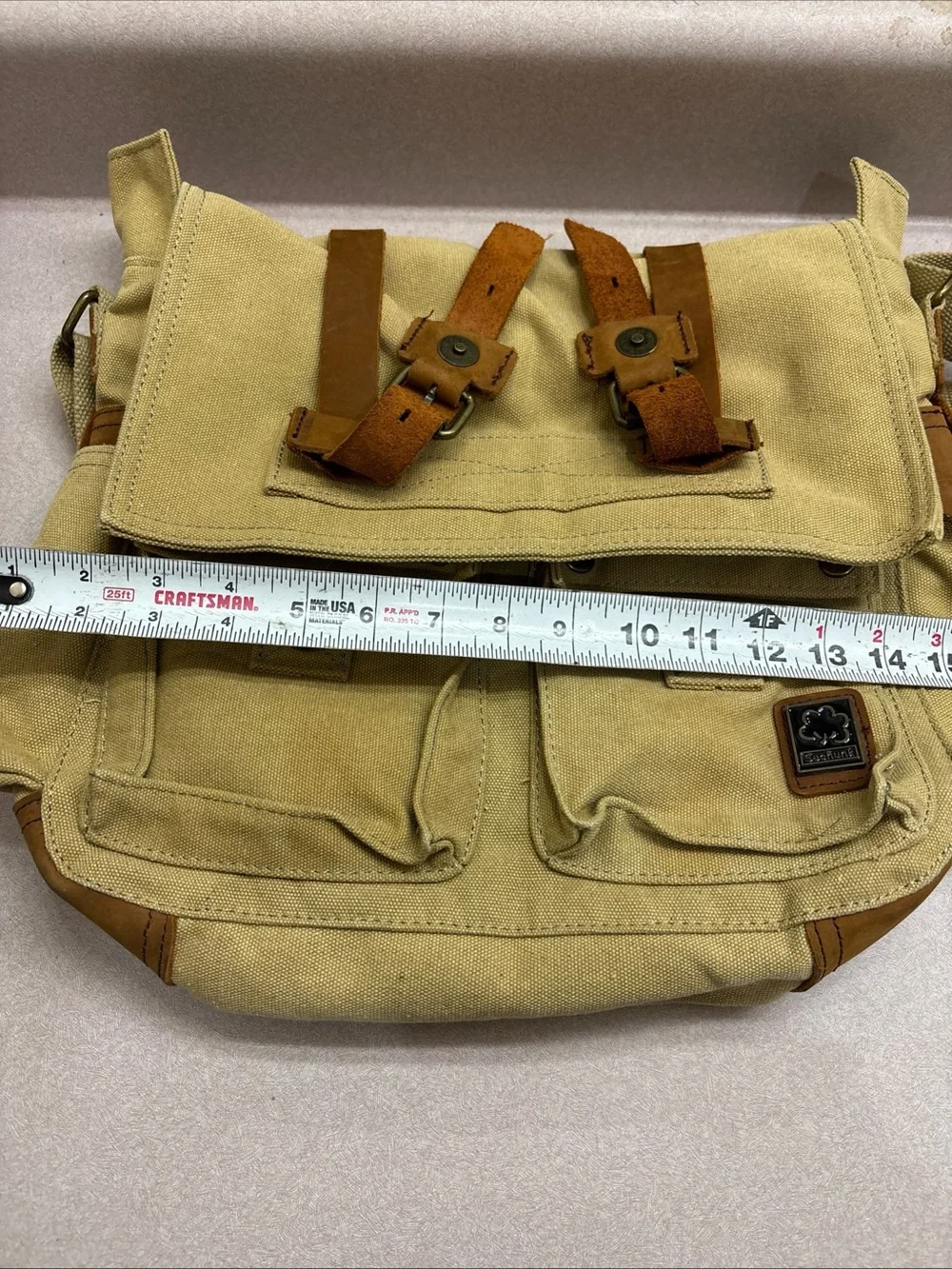 Sechunk Vintage Military Leather Brown Sand Canvas Messenger Satchel Bag Large